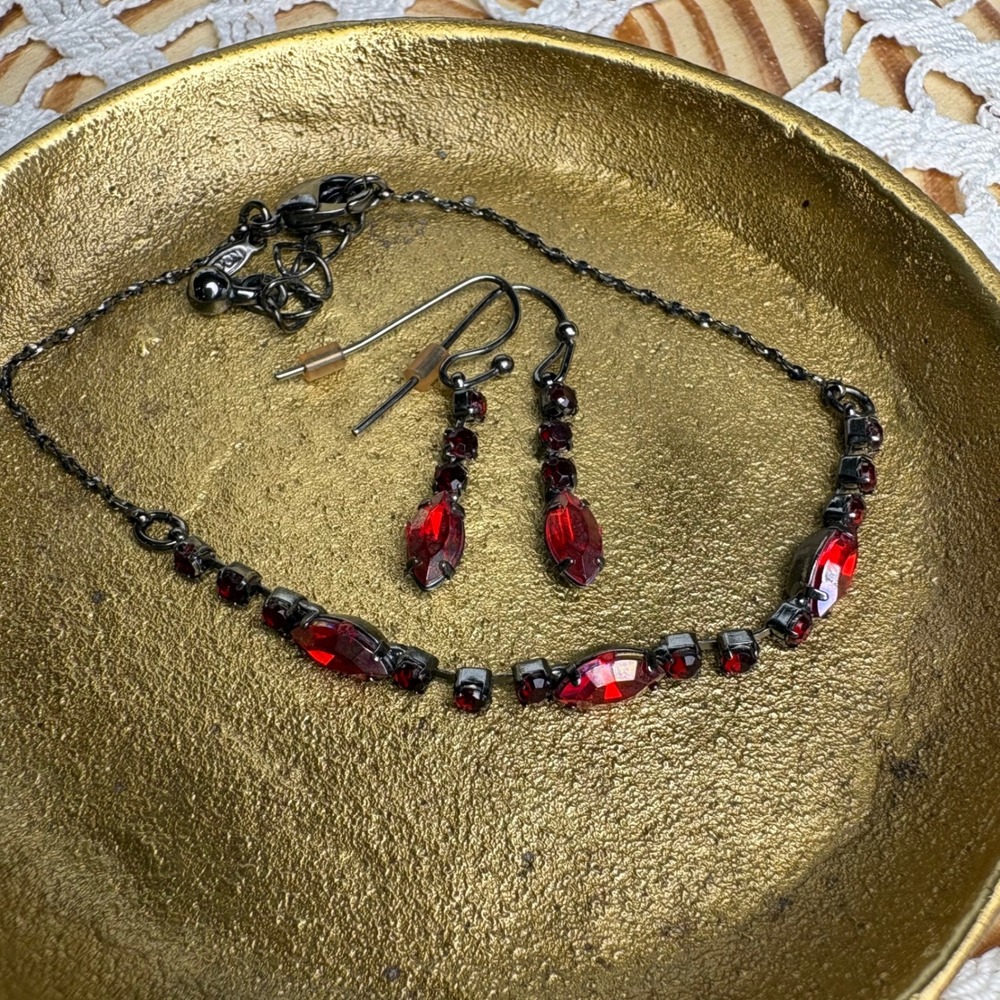 Vintage Avon Red Orange Bracelet Earring Set Goth Aesthetic Rhinestone Metal